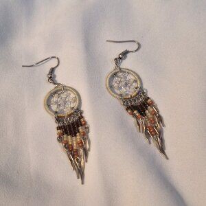 Vintage Beaded Warm Tone and Silver Dream Catcher Statement Earrings